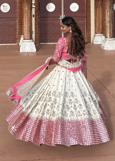 Pink and White Mirrorwork Lehenga 