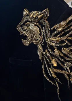 Silk Velvet Gold Lion Embroidered Jacket - hover