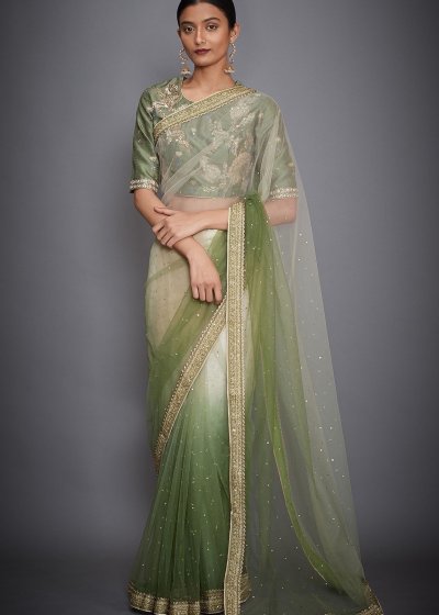 Ritu Kumar Net Ombré Olive and Cream Saree with Blouse 
