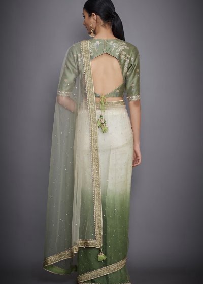 Ritu Kumar Net Ombré Olive and Cream Saree with Blouse 