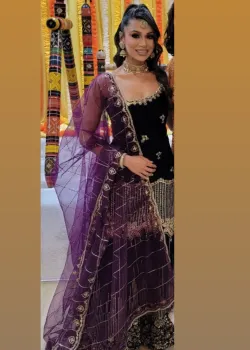 Purple Embroidered Velvet Sharara Suit