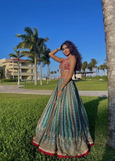 Red and teal Lehenga Set
