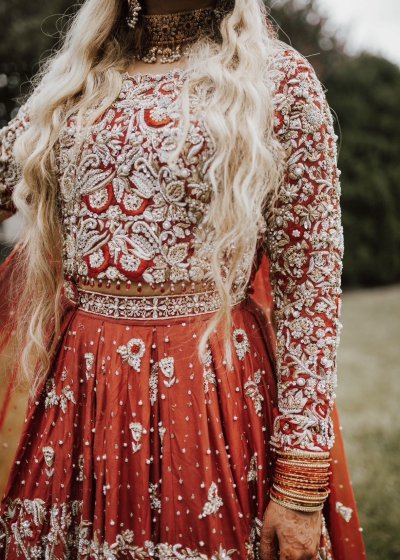 Red Long-Sleeved Bridal Lehenga