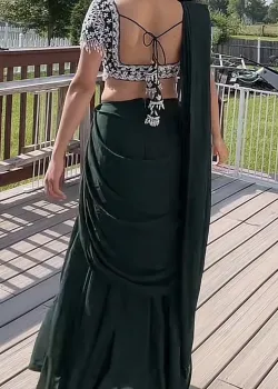 Deep Emerald Green Pre-Draped Sari - hover