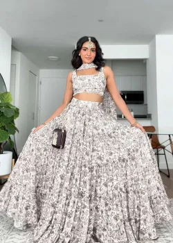 Black and White Floral Printed Lehenga