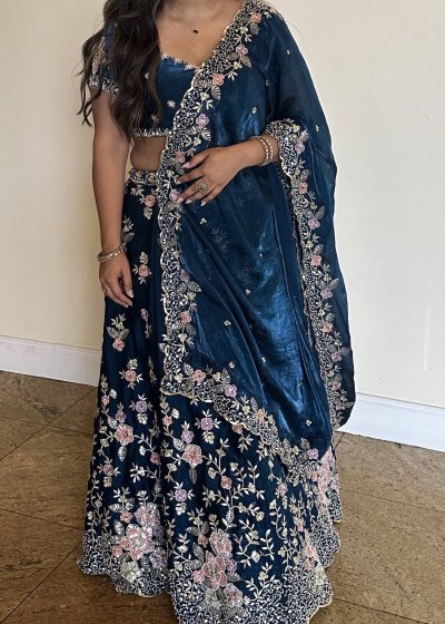 Blue Velvet Floral Lehenga
