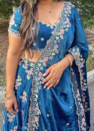 Blue Velvet Floral Lehenga
