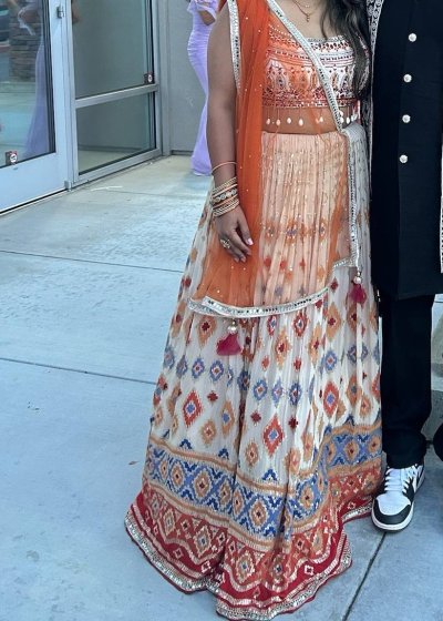 Orange Geometric Lehenga Set
