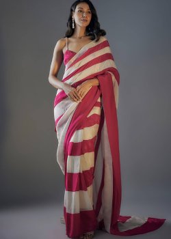 Hot Pink & Beige Printed Pre-Drape Sari