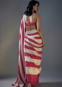 Hot Pink & Beige Printed Pre-Drape Sari