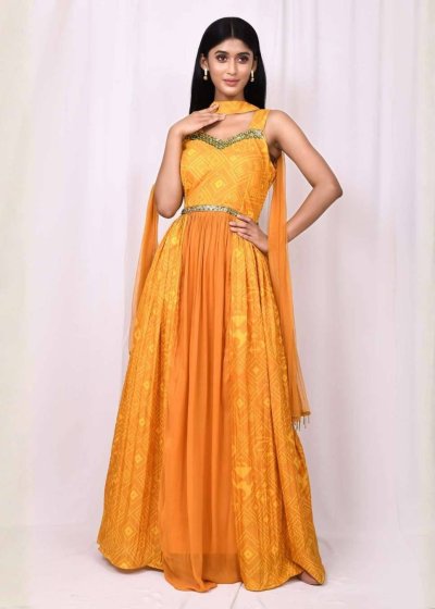 Yellow Geometric Print Anarkali