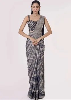 Black and Silver Pre-Draped Sari - hover