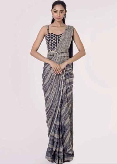Black and Silver Pre-Draped Sari