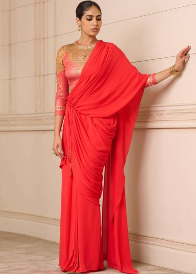 Red Satin Pre-Stitched Sari Set