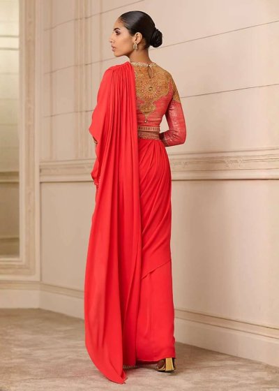 Red Satin Pre-Stitched Sari Set