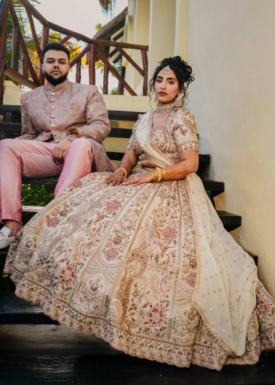 Ivory and Pink Floral Bridal Lehenga