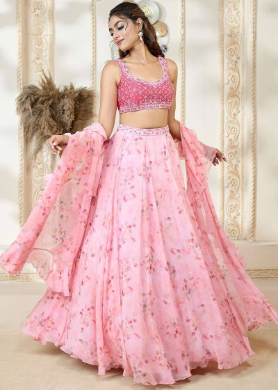 Pink Rose Petal Print Lehenga Set