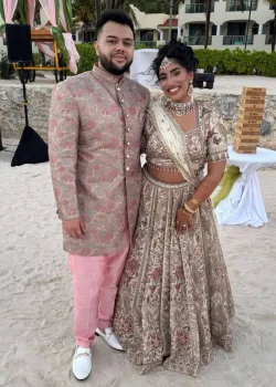 Ivory and Pink Floral Bridal Lehenga - hover