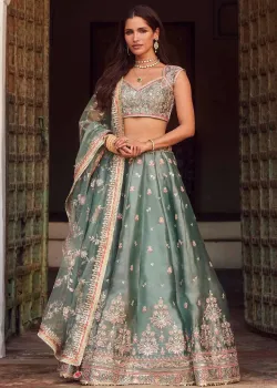 Dusty Mint Green Embroidered Lehenga - hover