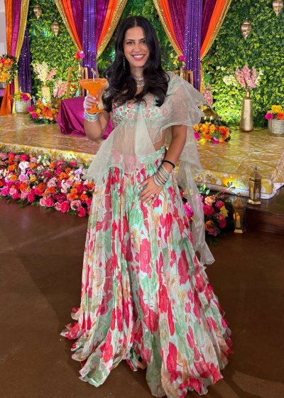 Teal and Coral Lehenga