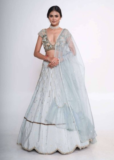 Aqua Silk Embroidered Lehenga