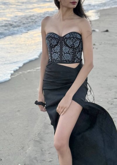 Black Embroidered Corset Top