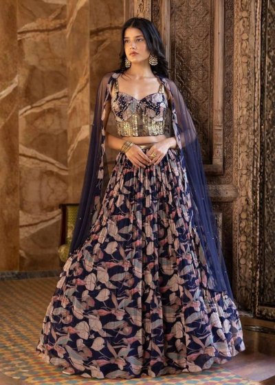 Blue Floral Print Lehenga