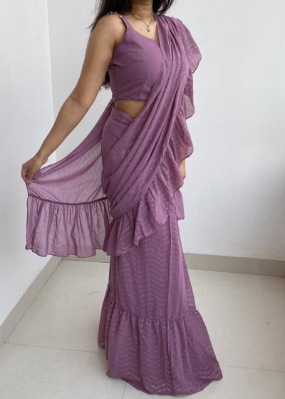 Purple Ruffle Pre-Draped Sari