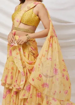 Yellow Pre Draped Sari - hover