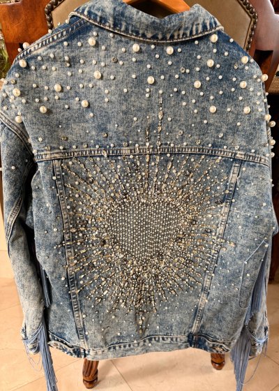 Crystal and Pearl Denim Fringe Jacket