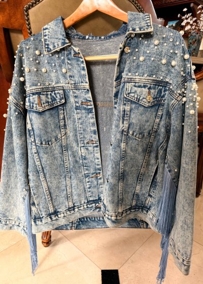 Crystal and Pearl Denim Fringe Jacket