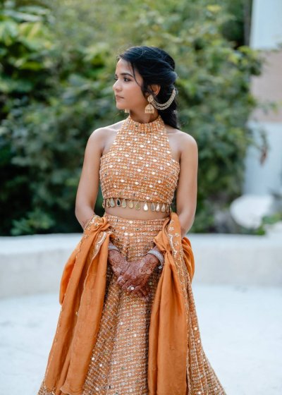 Orange Halter Mirrorwork Lehenga
