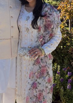 White Kameez with Floral Organza Dupatta