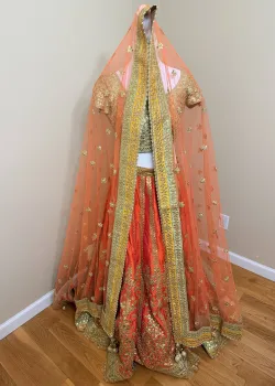 Mint Green and Orange Lehenga