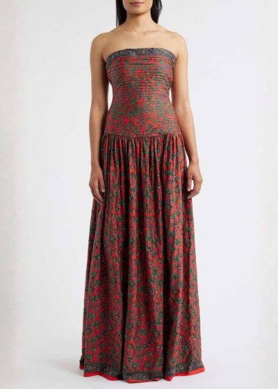 Maya Floral Pleated Drop-Waist Gown