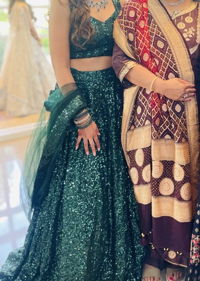Deep Emerald Green Sequin Lehenga