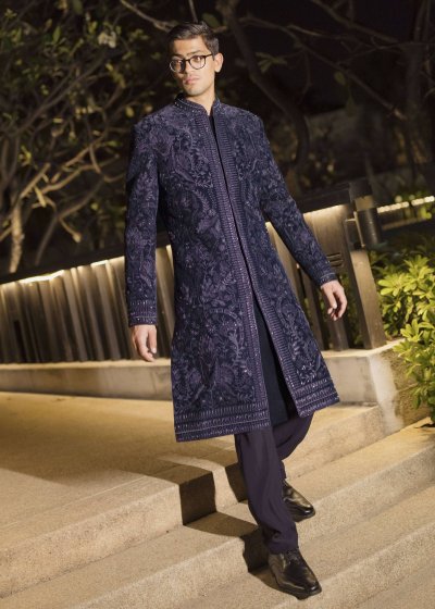 Navy Blue Tone-on-Tone Embellished Sherwani