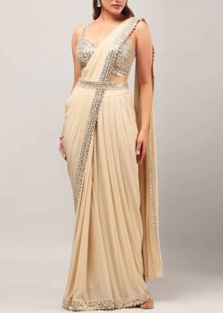 Beige Mirrorwork Pre-Draped Sari