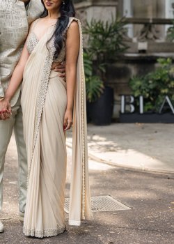 Beige Mirrorwork Pre-Draped Sari