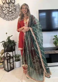 Red and Green Kurta Set