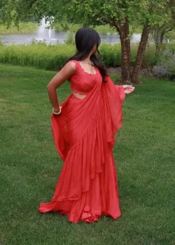 Red Pre-Draped Sari - hover