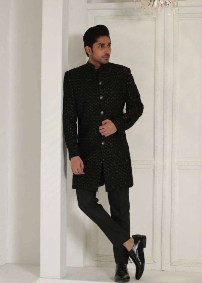  Black Golden Leaf Sherwani