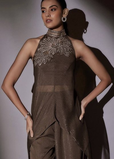 Coffee-Colored Lurex & Satin Cape Set