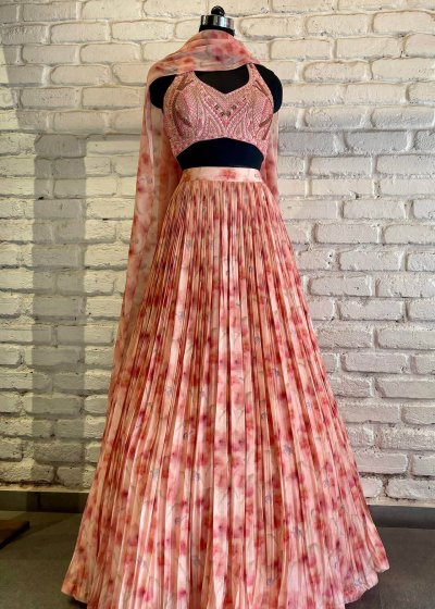 Pink Floral Halter Neck Lehenga