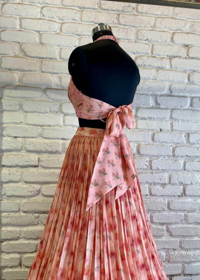 Pink Floral Halter Neck Lehenga