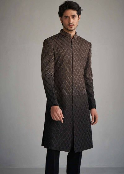 Brown to Black Ombre Sherwani Set