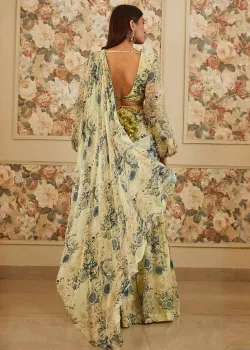 Mint & Blue Printed Palazzo Pant Sari Set - hover
