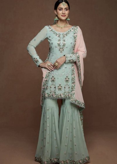 Dusty Mint and Pink Georgette Gharara