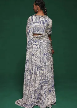 Blue and White Pre-Draped Sari - hover