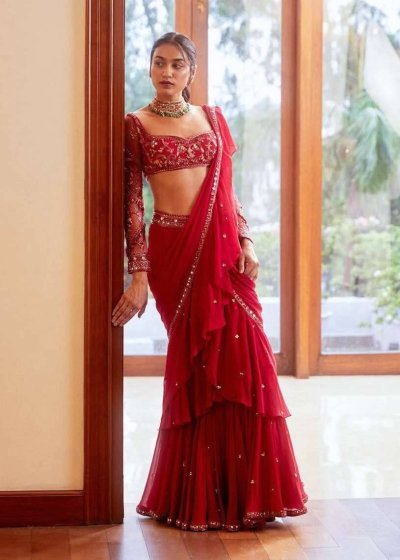 Red Pre-Draped Sari